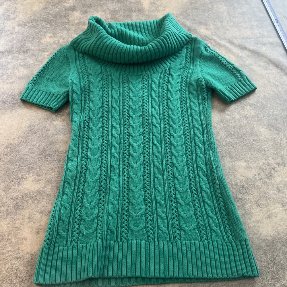 Vintage Sweater Charlotte Rousse Size L Green Short Sleeve Cable Knit Cowl Neck